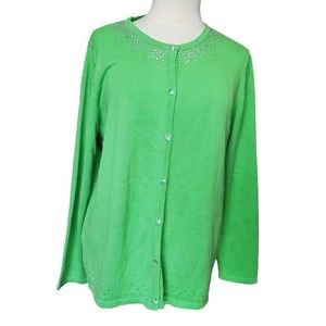 Quacker Factory Woman's Cardigan Large Green Lg Rhinestone Buttons & Accents